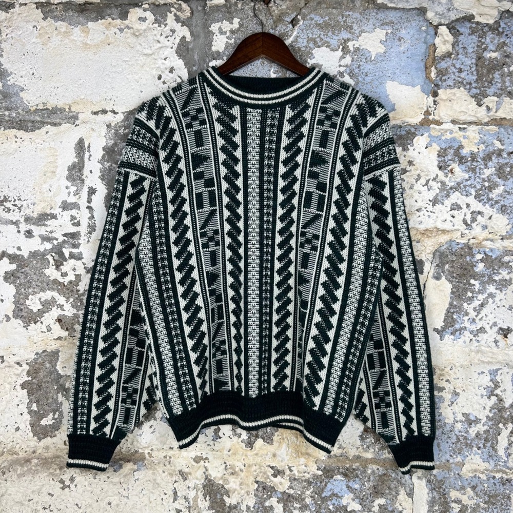 Vintage Geometric Knit Sweater Dark Green Cream Retro Pullover Mens Large